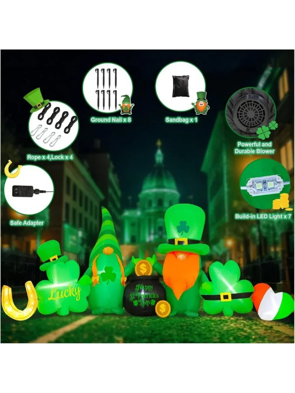 8FT St. Patrick's Day Inflatable Decorations - Leprechaun, Shamrocks & LED